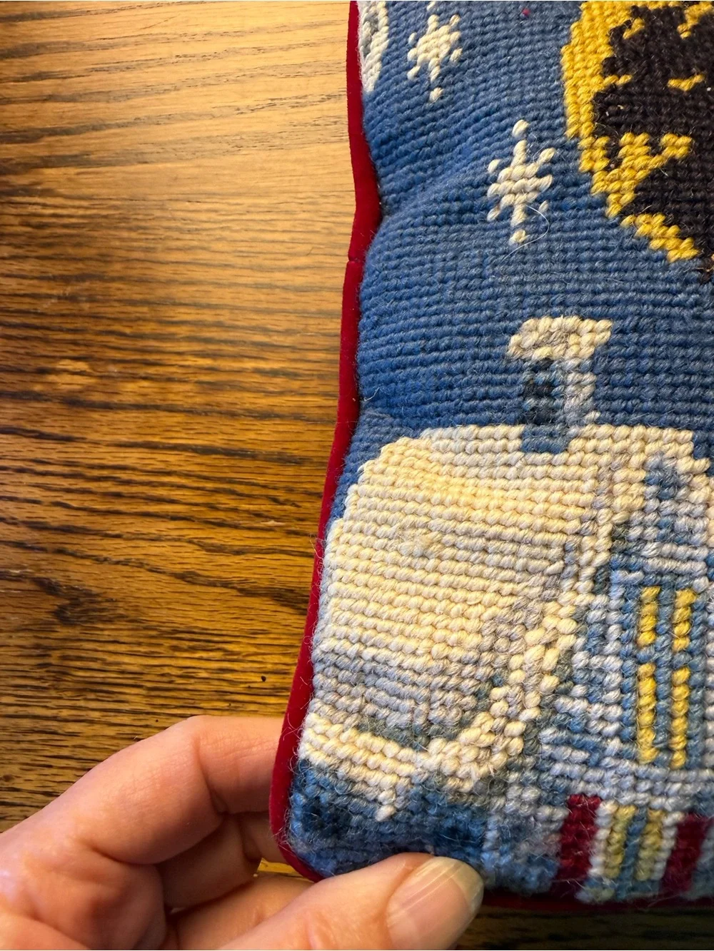 Vintage Christmas Needlepoint Pillow Snow Village Moon Velvet Back 10”